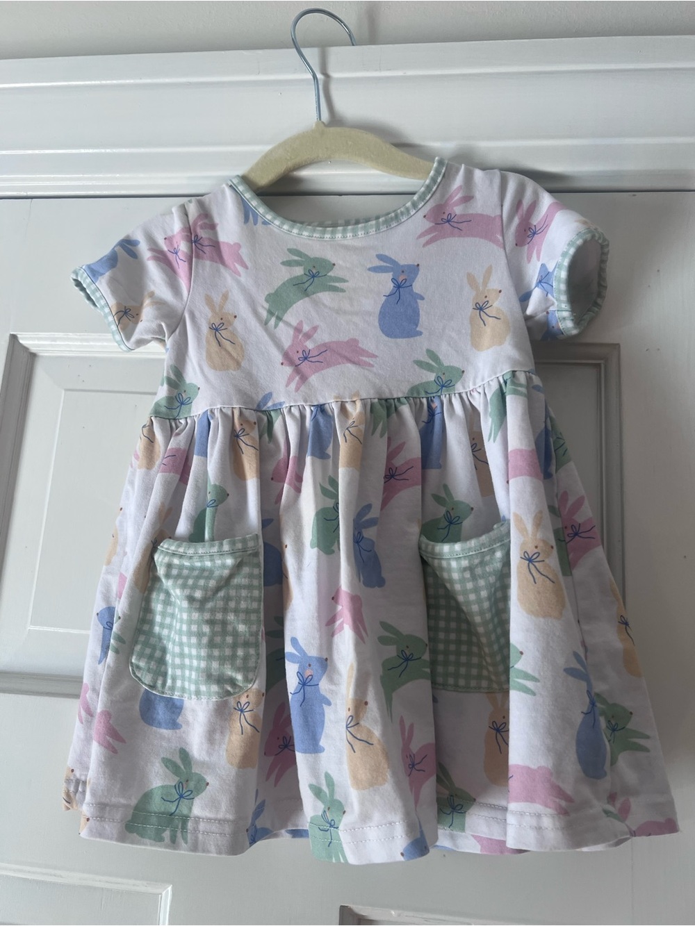 Toddler White Dress with Pastel Bunny Print and Gingham Pockets